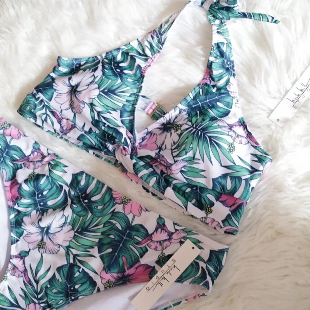 NWT Nicole Miller Bikini Set Size Medium White Green Tropical Print Bathing Suit